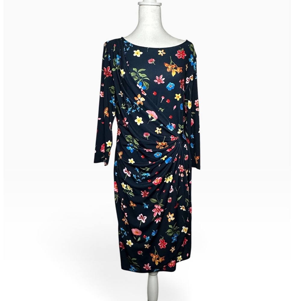 Tahari Womens Navy Blue Floral Faux Wrap Sheath Dress 3/4 Sleeve Size 12